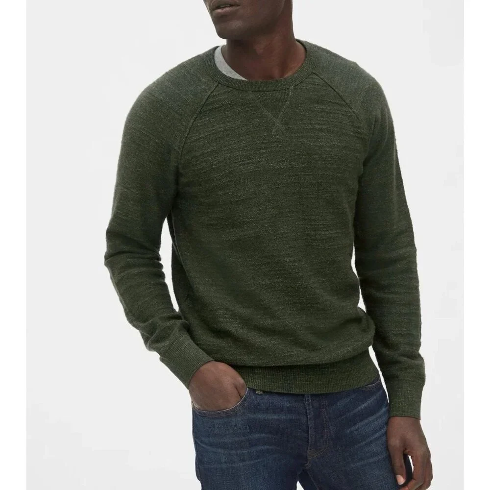 GAP Pullover Sweater Men M Crew Neck Cotton Knit Long Sleeve Heather Olive Green